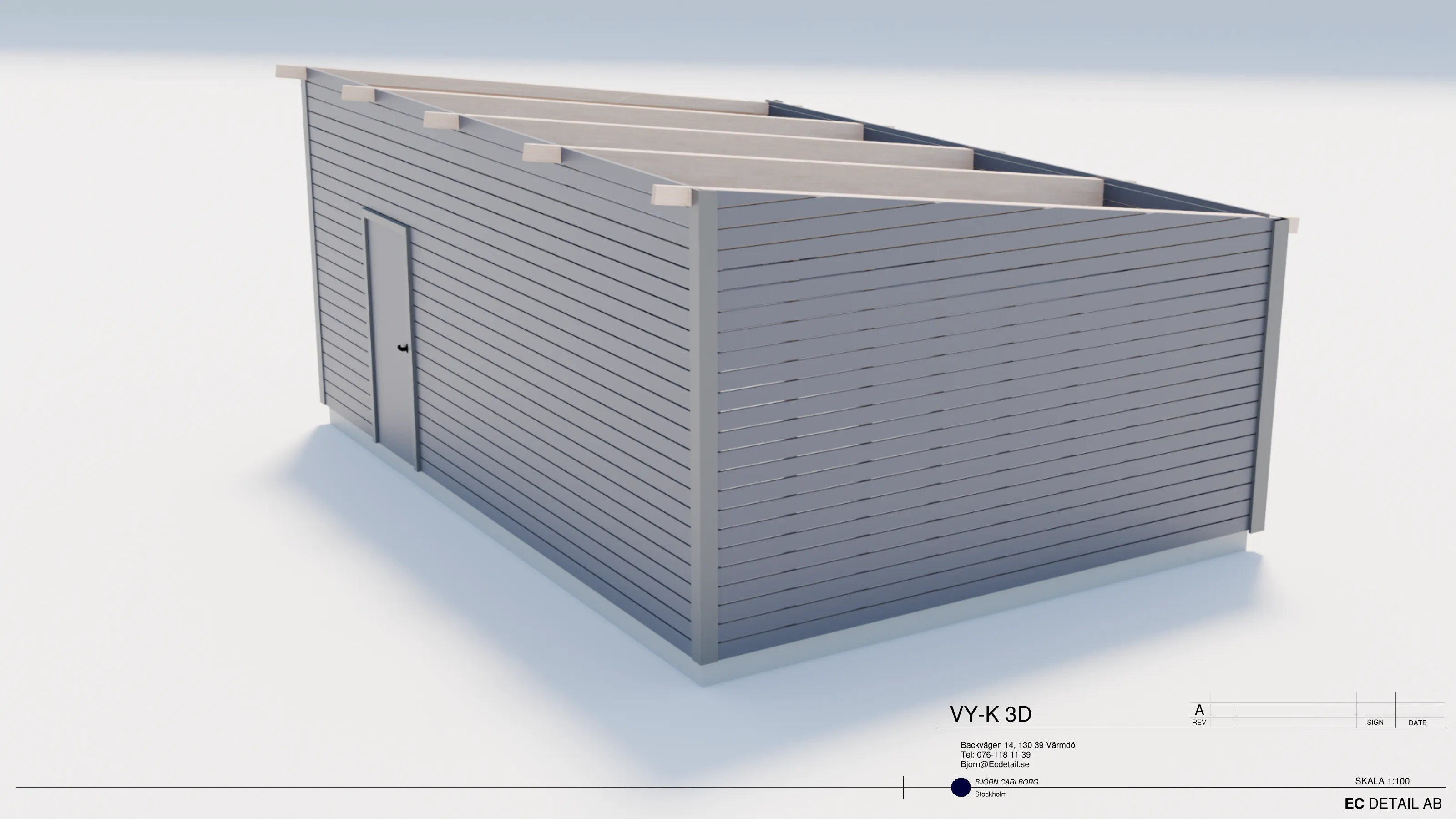 3D-vy av ett projekterat miljöhus från EC Detail
